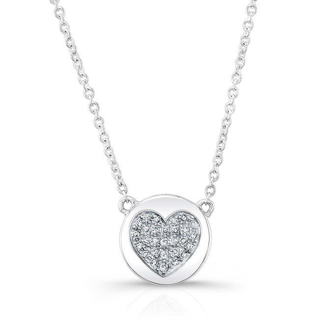 14KT White Gold Diamond 2 Sided Heart & Disc Necklace