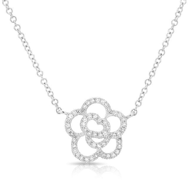 14KT White Gold Diamond Camellia Flower Necklace