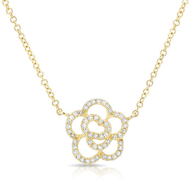 14KT Yellow Gold Diamond Camellia Flower Necklace