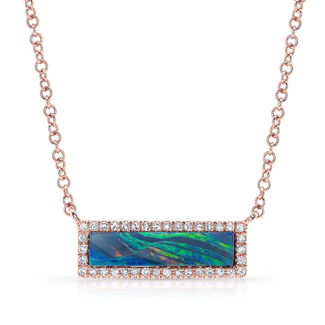 14KT Rose Gold Opal Diamond Brick Necklace