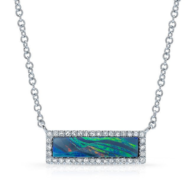 14KT White Gold Opal Diamond Brick Necklace