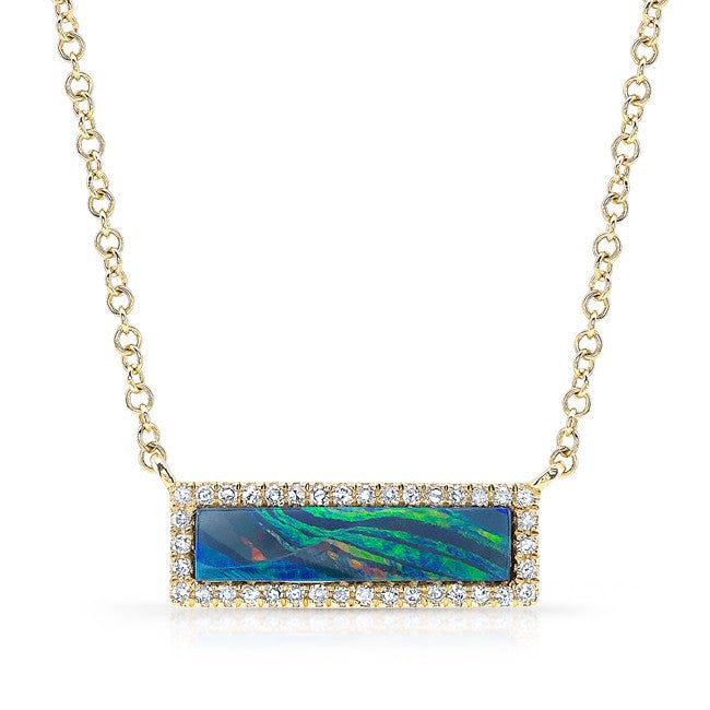 14KT Yellow Gold Opal Diamond Brick Necklace