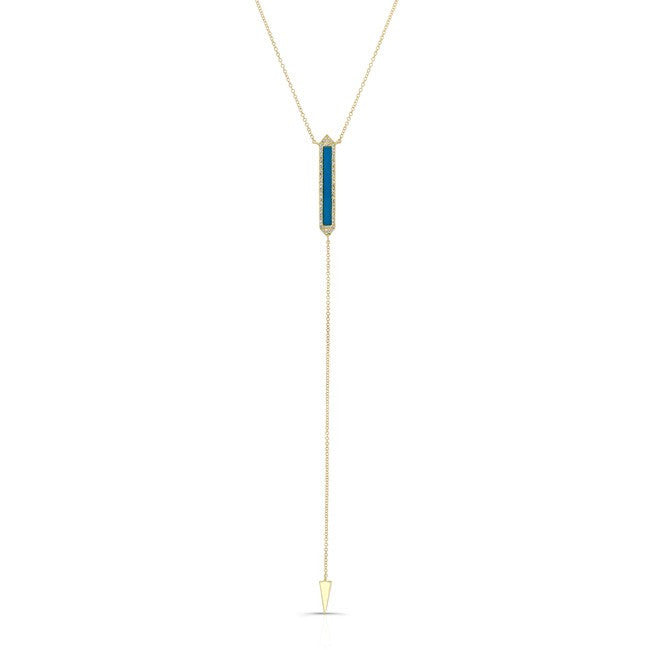 14KT Yellow Gold Diamond Turquoise Bar Lariat Necklace