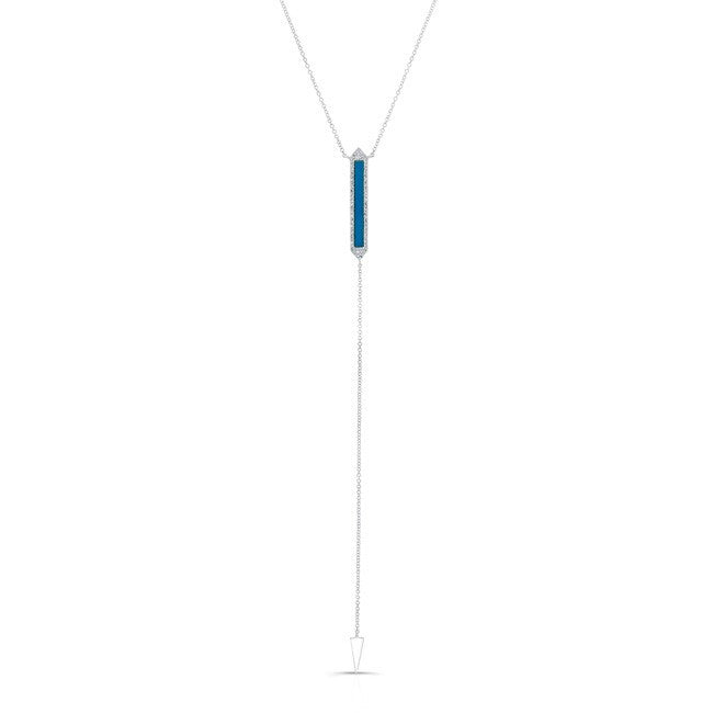 14KT White Gold Diamond Turquoise Bar Lariat Necklace