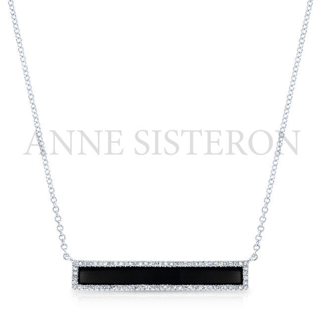 14KT White Gold Onyx Bar Diamond Necklace