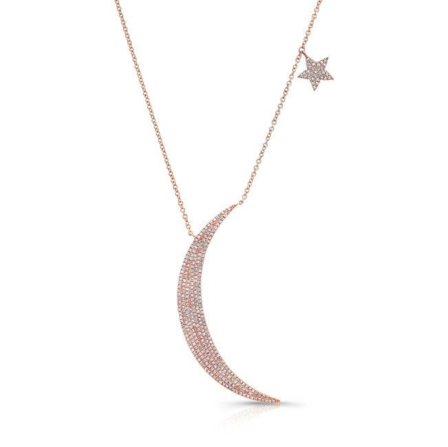 14KT Rose Gold Diamond Moon and Star Necklace