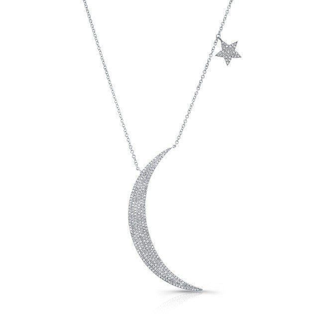 14KT White Gold Diamond Moon and Star Necklace