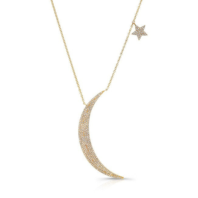 14KT Yellow Gold Diamond Moon and Star Necklace