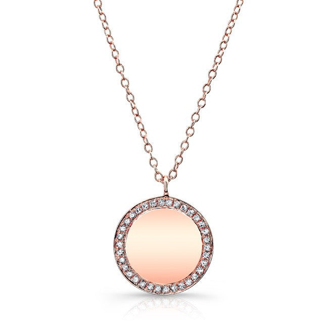 14KT Rose Gold Diamond Rimmed Disc Necklace