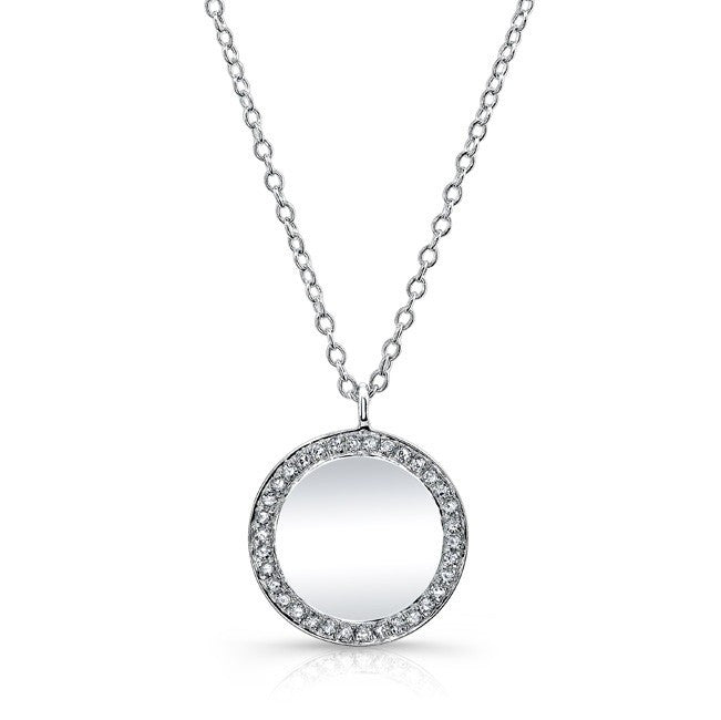 14KT White Gold Diamond Rimmed Disc Necklace