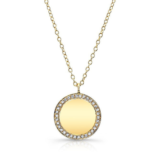 14KT Yellow Gold Diamond Rimmed Disc Necklace