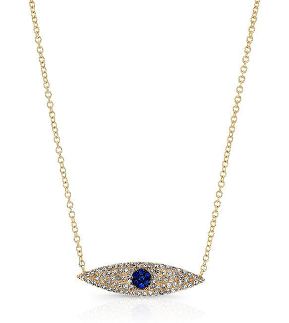 14KT Yellow Gold Diamond And Sapphire Evil Eye Necklace