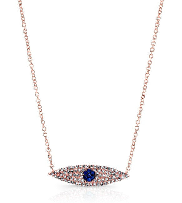 14KT Rose Gold Diamond And Sapphire Evil Eye Necklace