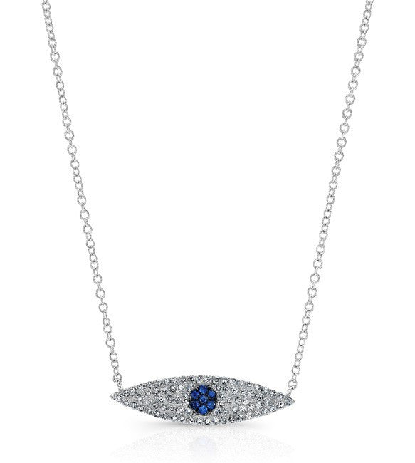 14KT White Gold Diamond And Sapphire Evil Eye Necklace