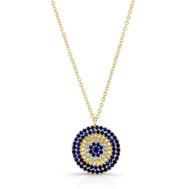 14KT Yellow Gold Diamond And Sapphire Disc Necklace