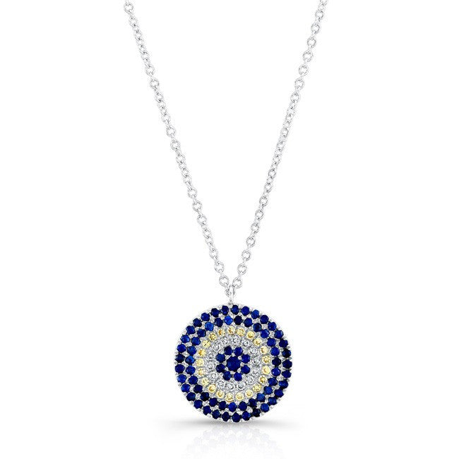14KT White Gold Diamond And Sapphire Disc Necklace