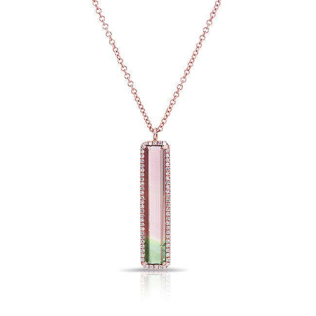 14KT Rose Gold Watermelon Tourmaline Diamond Long Bar Necklace
