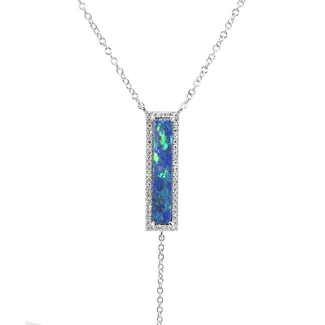 14KT White Gold Opal Diamond Brick Lariat Necklace