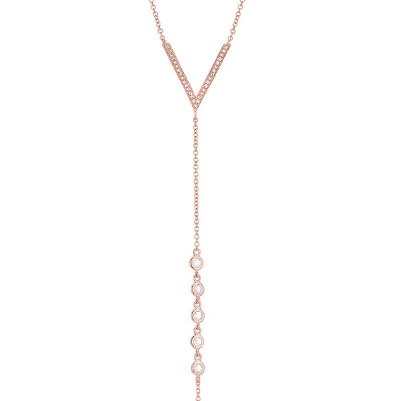 14KT Rose Gold Diamond V Lariat White Sapphire Drops Chain Necklace