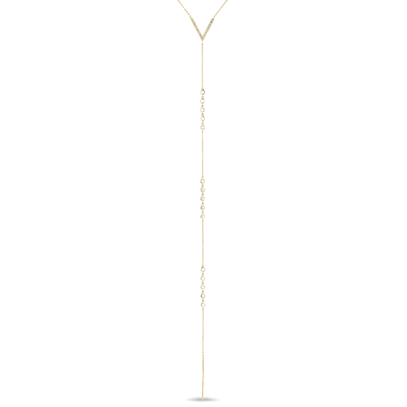 14KT Yellow Gold Diamond V Lariat White Sapphire Drops Chain Necklace