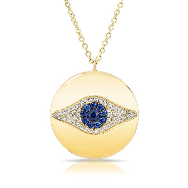 14KT Yellow Gold Diamond and Sapphire Round Evil Eye Pendant