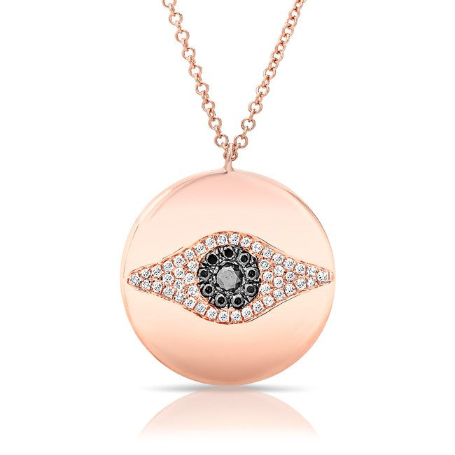 14KT Rose Gold Diamond and Black Diamond Round Evil Eye Pendant