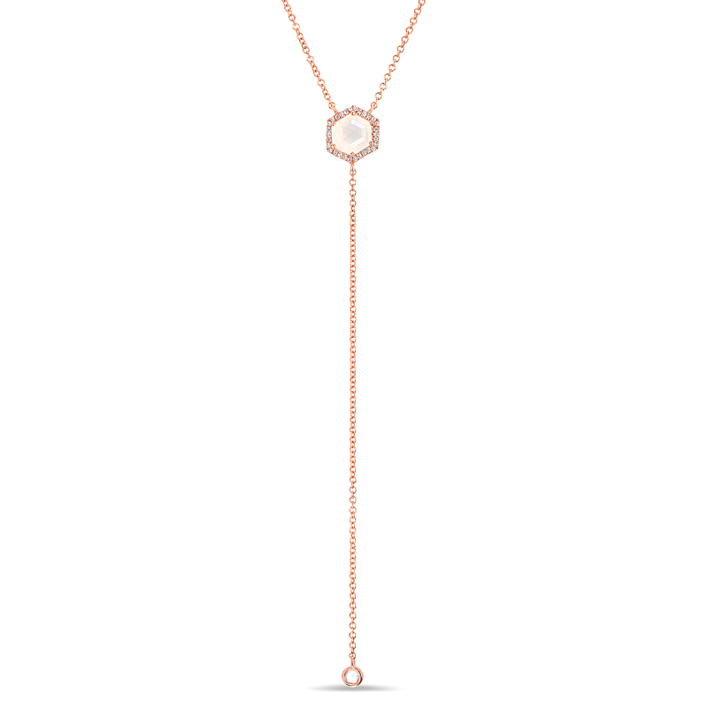 14KT Rose Gold Moonstone Diamond Hexagon Flirt Lariat Necklace