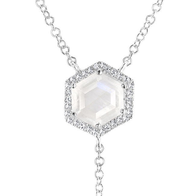 14KT White Gold Moonstone Diamond Hexagon Flirt Lariat Necklace