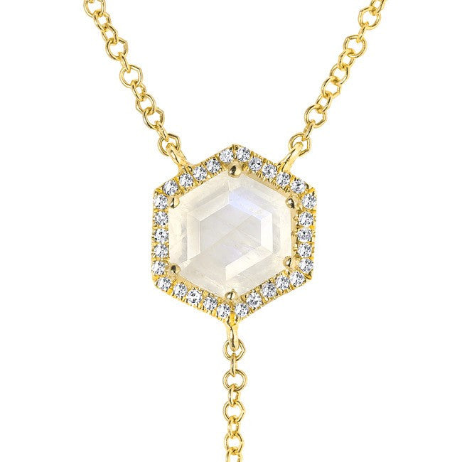 14KT Yellow Gold Moonstone Diamond Hexagon Flirt Lariat Necklace