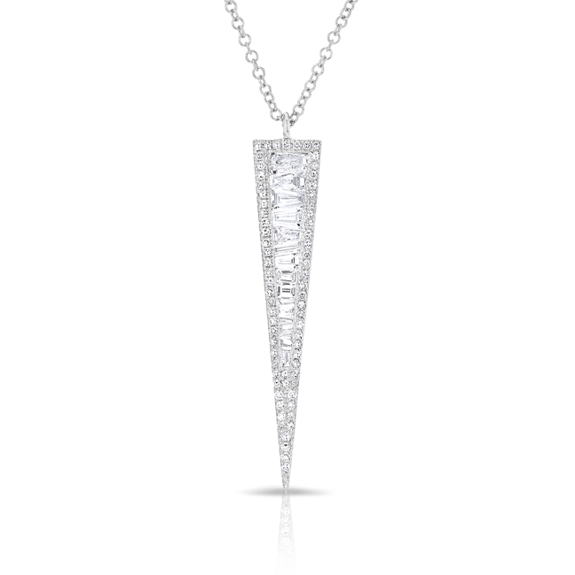 14KT White Gold Baguette Diamond Long Triangle Necklace