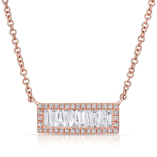 14KT Rose Gold Baguette Diamond Mini Edge Bar Necklace