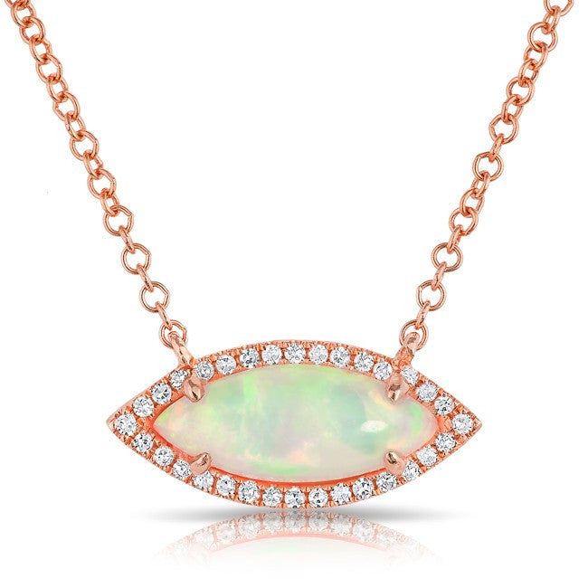 14KT Rose Gold White Opal Diamond Mini Marquis Necklace