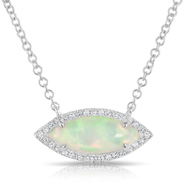 14KT White Gold White Opal Diamond Mini Marquis Necklace