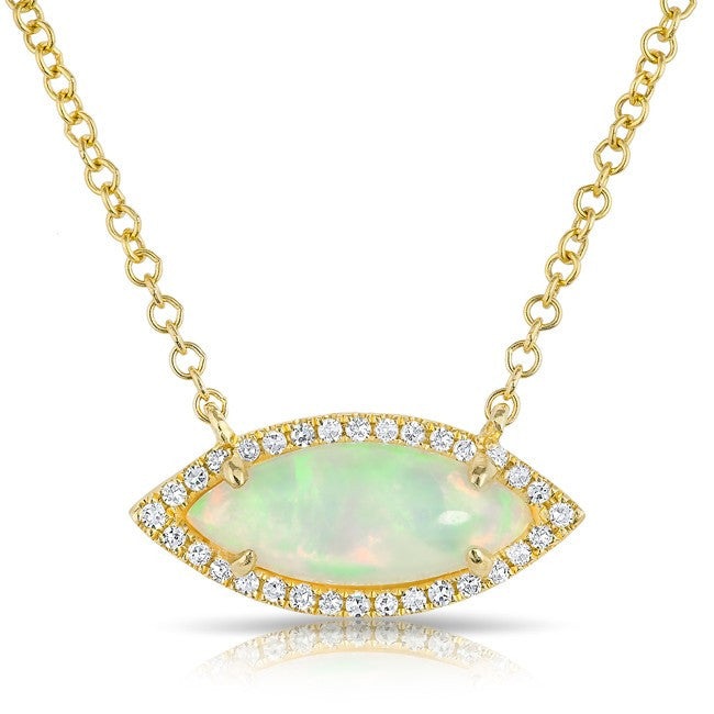 14KT Yellow Gold White Opal Diamond Mini Marquis Necklace