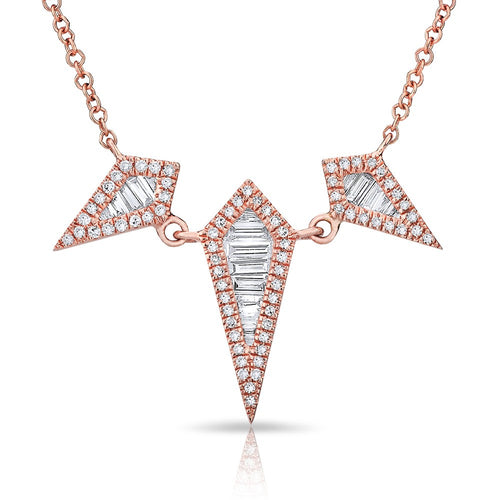 14KT Rose Gold Baguette Diamond Triple Spear Necklace