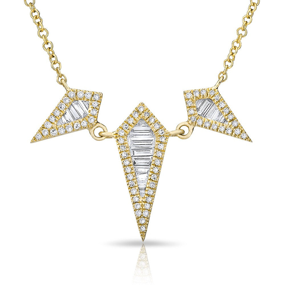14KT Yellow Gold Baguette Diamond Triple Spear Necklace