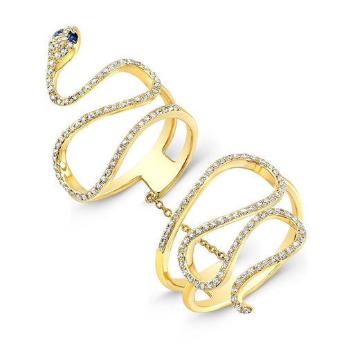 14KT  Yellow Gold Blue Sapphire Diamond Snake Connector Ring