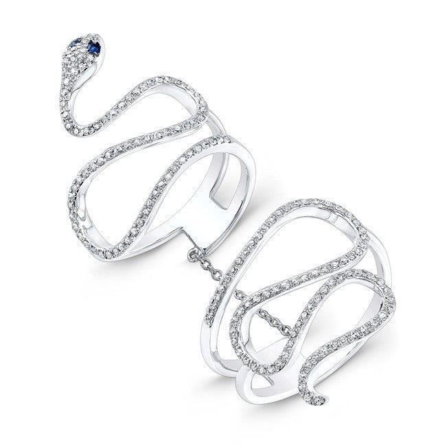 14KT White Gold Diamond Blue Sapphire Snake Connector Ring