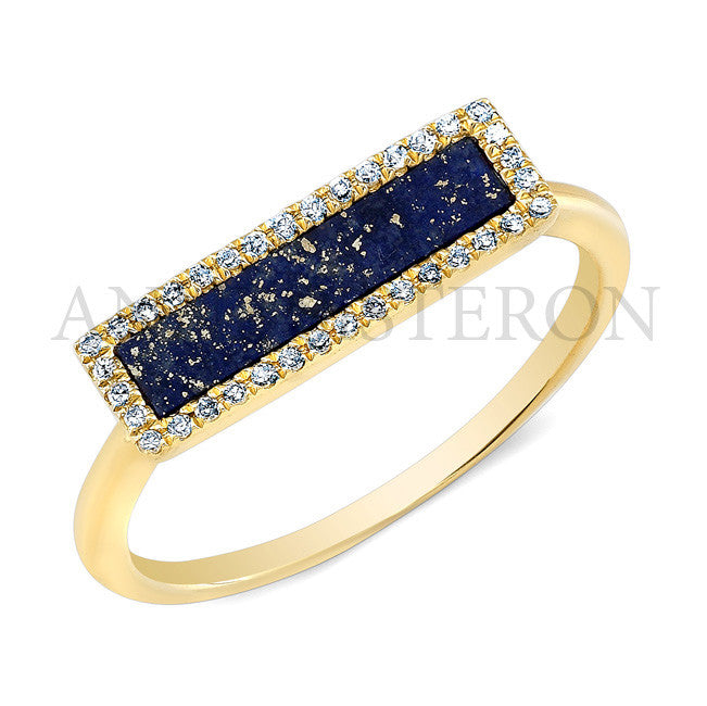 14KT Yellow Gold Lapis Lazuli Diamond Bar Ring