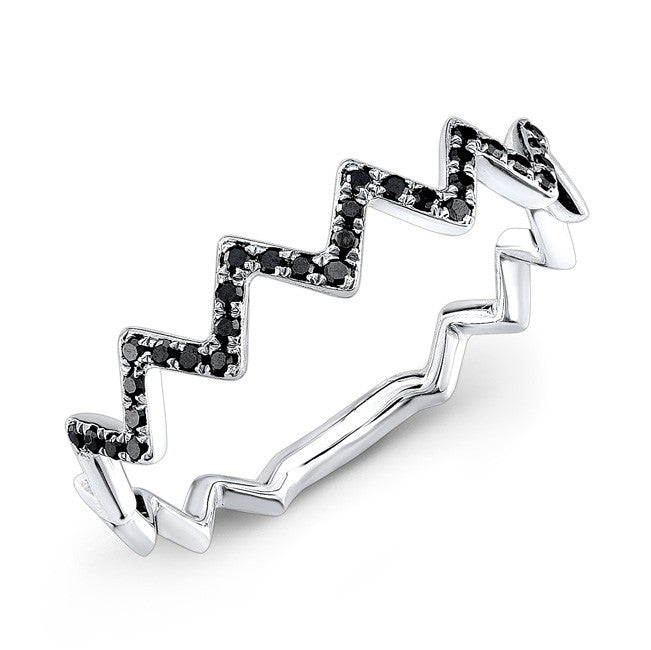 14KT White Gold Black Diamond Zig Zag Stacking Ring