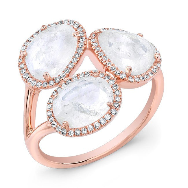 14KT Rose Gold Moonstone Diamond Trinity Ring