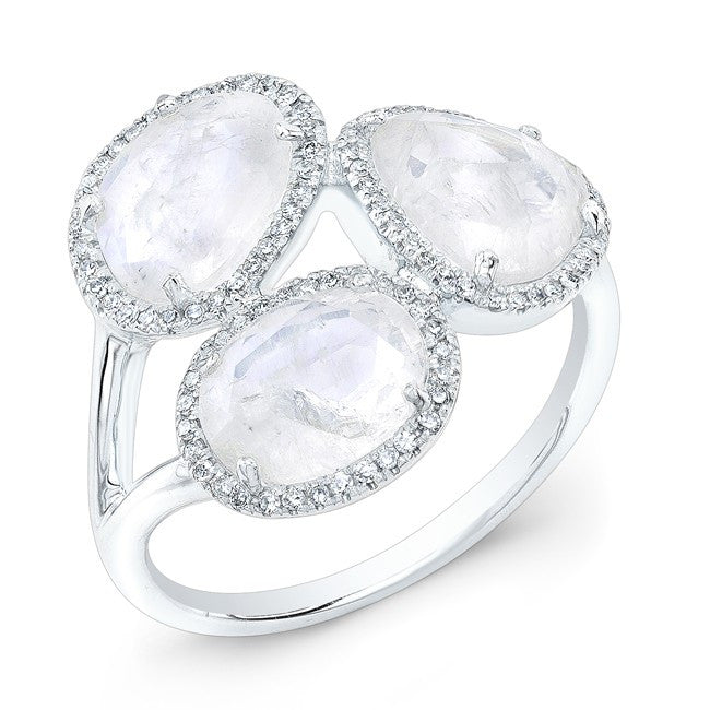 14KT White Gold Moonstone Diamond Trinity Ring