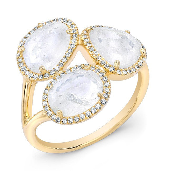 14KT Yellow Gold Moonstone Diamond Trinity Ring