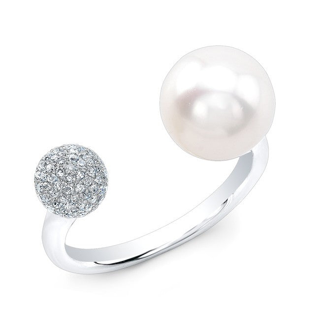 14KT White Gold Diamond Dome and Pearl Ring
