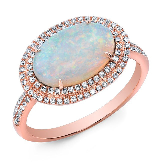 14KT Rose Gold Double Halo Opal Diamond Cocktail Ring