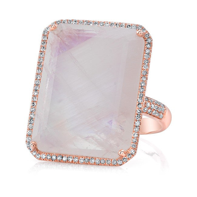 14KT Rose Gold Moonstone Diamond Rectangle Cocktail Ring