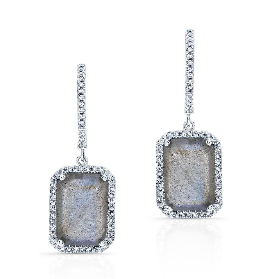 14KT White Gold Rectangle Labradorite Diamond Chic Earrings
