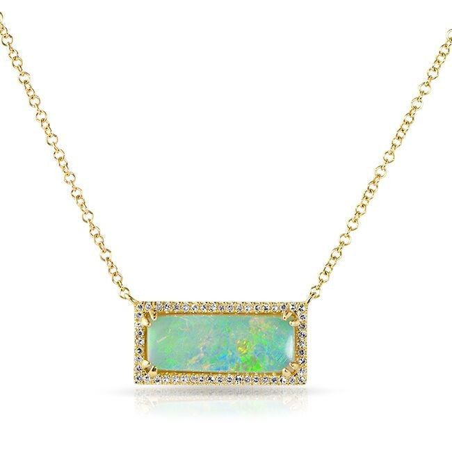 14KT Yellow Gold Green Opal Diamond Block Necklace