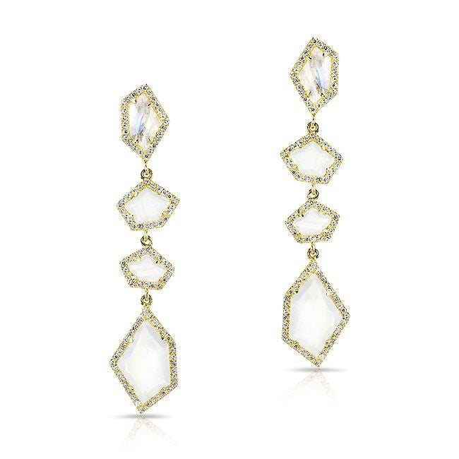 14KT Yellow Gold Moonstone Diamond Organic Quadruple Drop Earrings