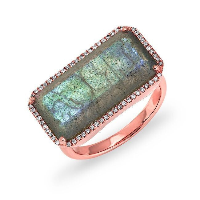 14KT Rose Gold Labradorite Diamond Long Rectangle Cocktail Ring